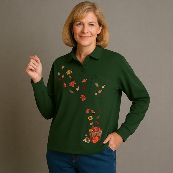Karen Scott Large Vintage 90s Rare Green Fall Acorn Pumpkin Patch Collar Sweater - Picture 1 of 7